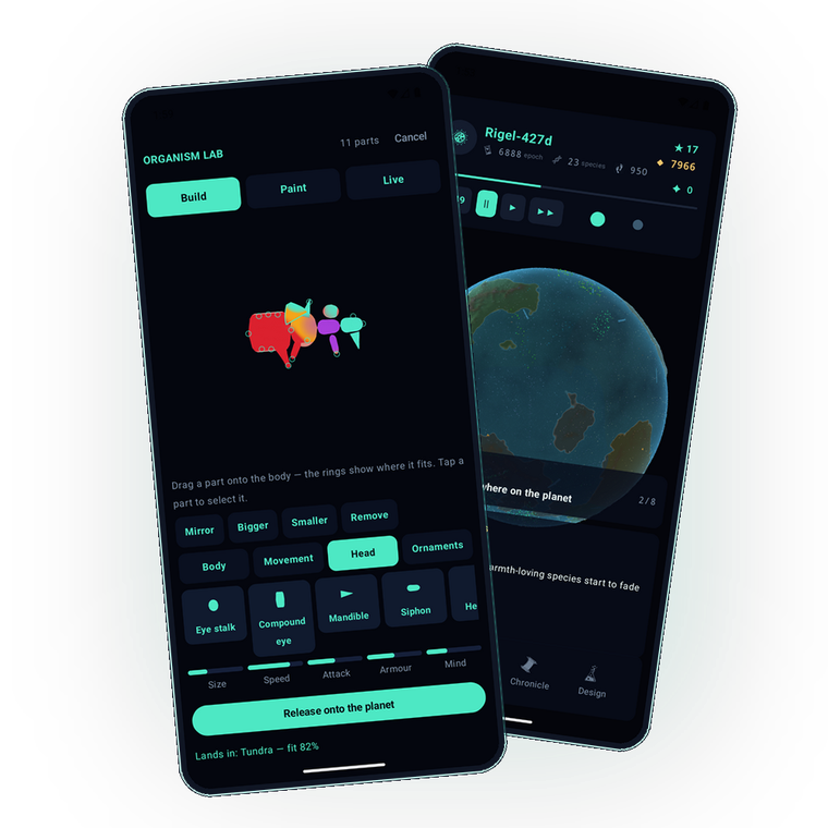 The creature lab and a planet in Evogenesis